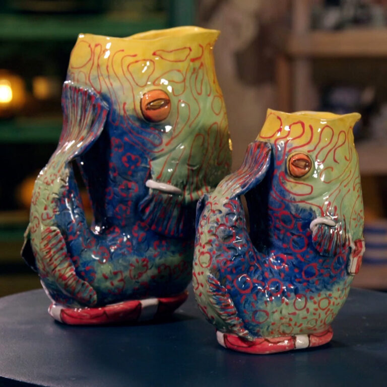 colourful jugs in blue, green and yellow created with pigment