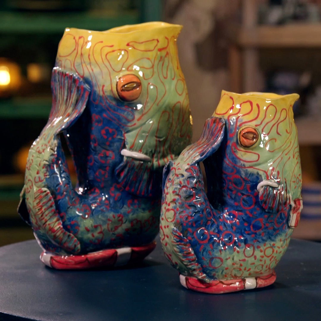 colourful jugs in blue, green and yellow created with pigment